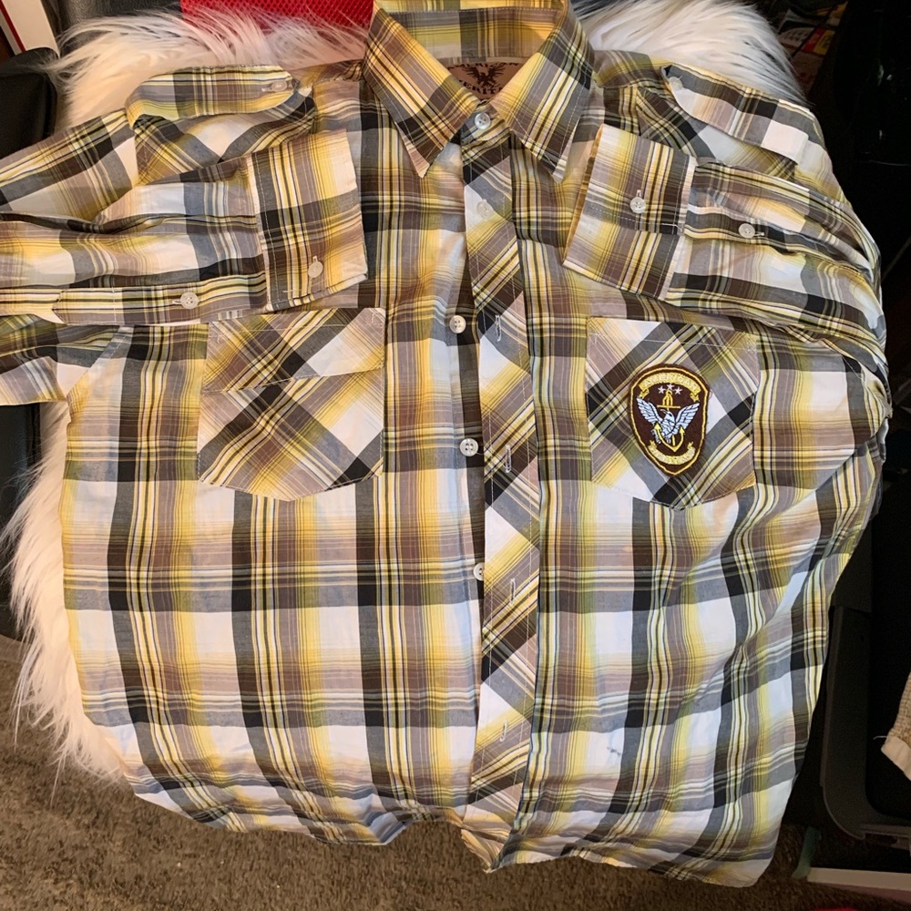 Yellow ,brown and green shirt , long sleeves